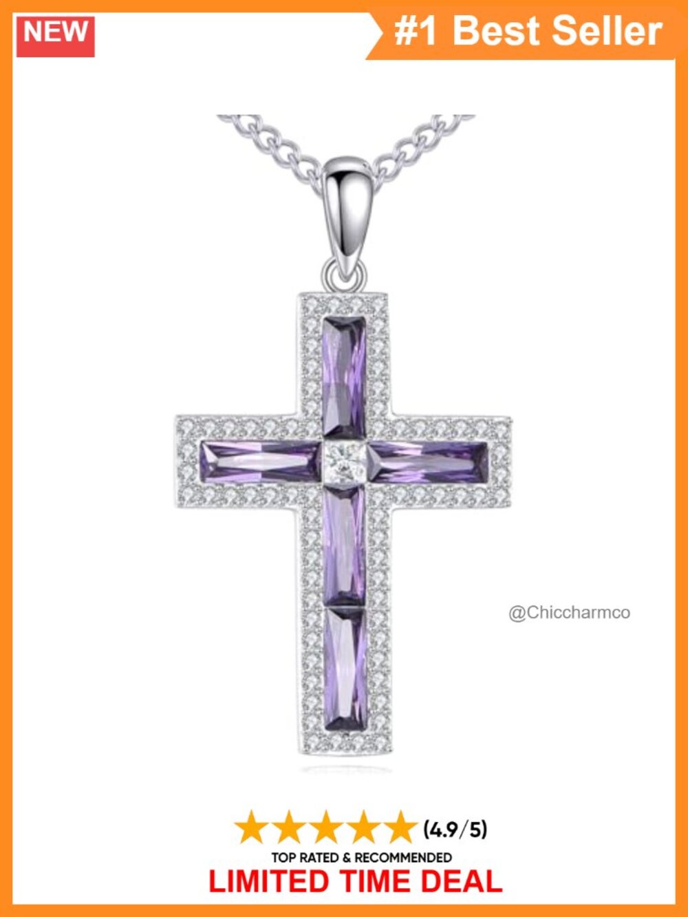 Sterling Silver Cross Necklace Cubic Zirconia Pendant 22 Inch Cuban Chain